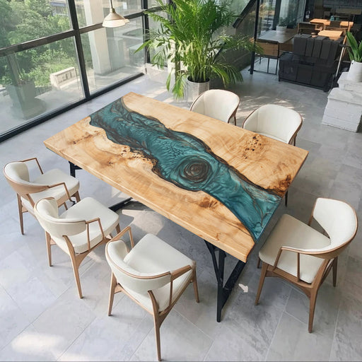 Poplar wood dining table with emerald green epoxy river design