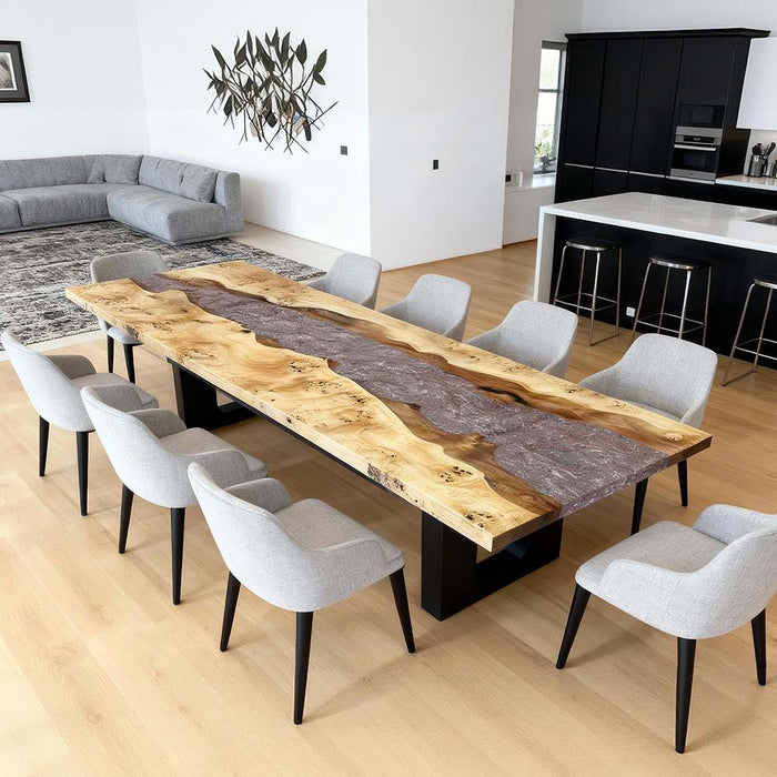 poplar wood clear ice epoxy resin dinning table with gray chairs