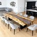 poplar wood clear ice epoxy resin dinning table with gray chairs