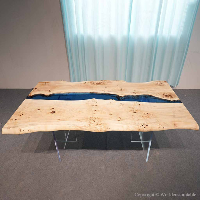 Poplar wood live edge dining table with blue transparent resin