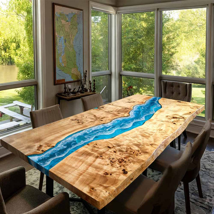 Front view of 36"x72" poplar wood resin ocean wave dining table, perfect for 6-8 people.