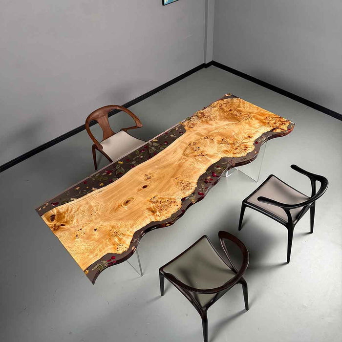 Wooden desk with a natural edge design in a minimalistic room.