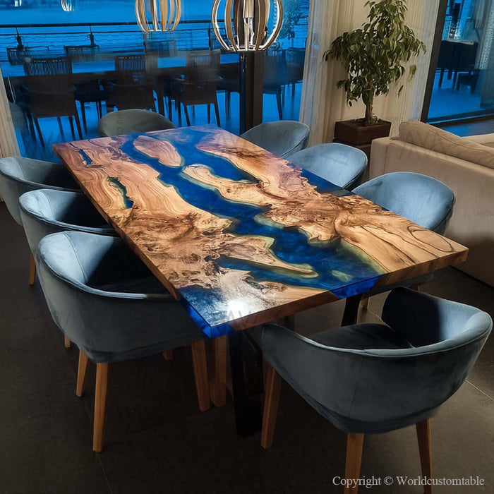 Ocean inspired olive wood epoxy dinning table