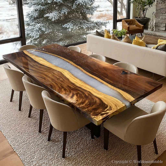 Dining room with a wooden table and chairs in a modern interior setting.