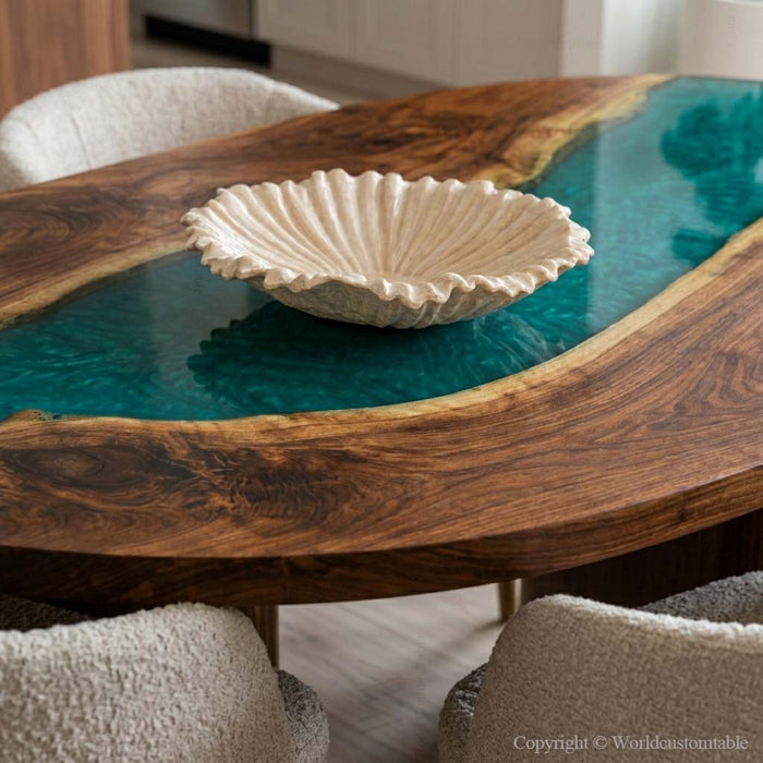 Premium Black Walnut teal resin dining table handcrafted in the USA style