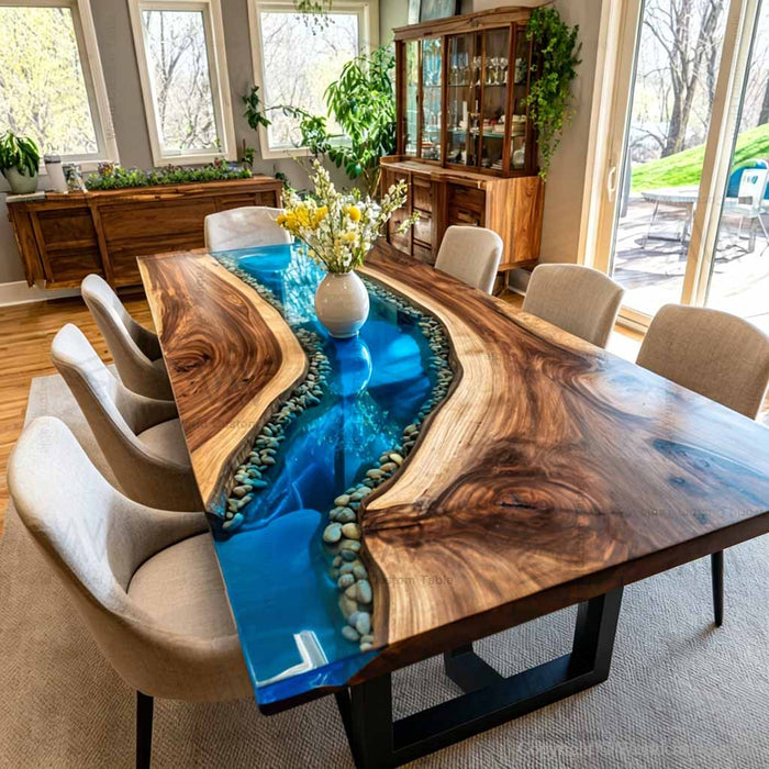 Premium epoxy river table with natural stone inlay and blue resin