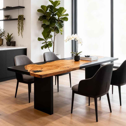 Modern dining room with a black and wood dining table and chairs.