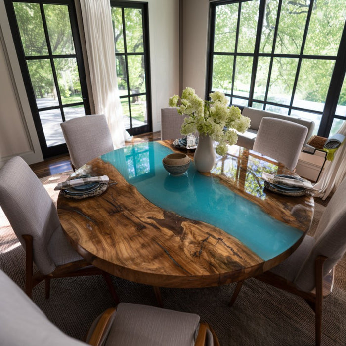 round black walnut epoxy dining table for kitchens & living spaces in miami