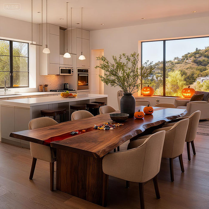 Modern kitchen with a wooden dining table and chairs, featuring a vase with greenery.