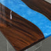 Handcrafted solid wood and blue resin table ready for delivery, seats 12