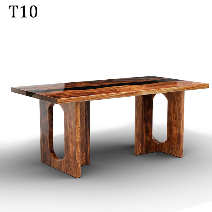 Wooden table with a black top on a white background