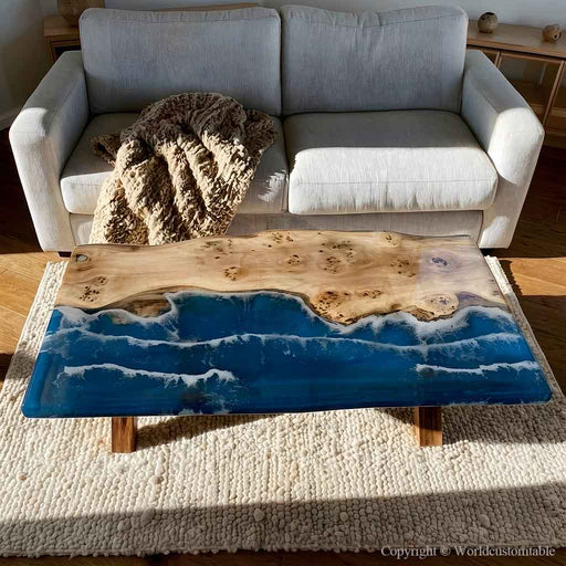 Ready to ship epoxy dining table with blue river resin and live edge poplar wood perfect for contemporary home interiors