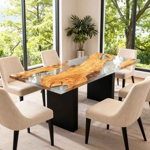 Dining room with a modern table and chairs near large windows with a view of greenery.