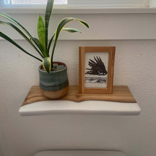 Small wooden shelf with a potted plant and framed picture against a white wall.