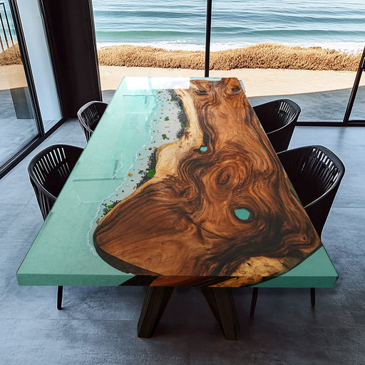 Handcrafted ocean resin table with live edge wood