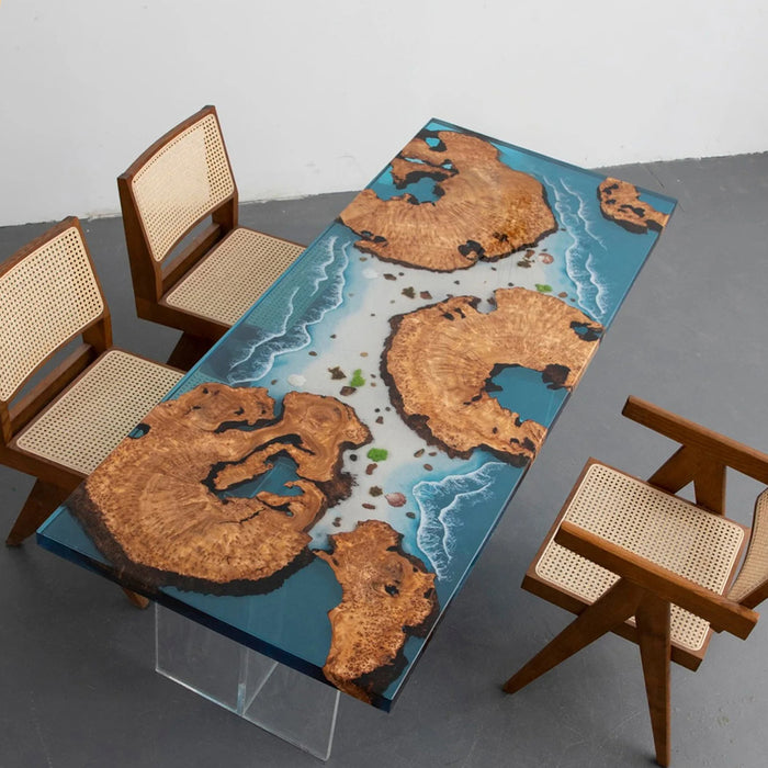 Epoxy river table made from Cunninghamia burl wood and coastal ocean resin