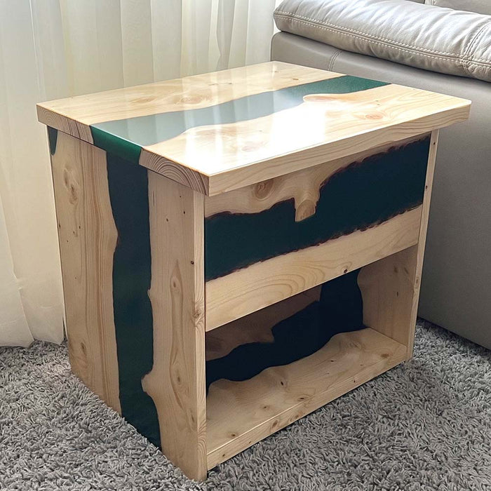 Resin wood bedside table featuring elegant black epoxy design.