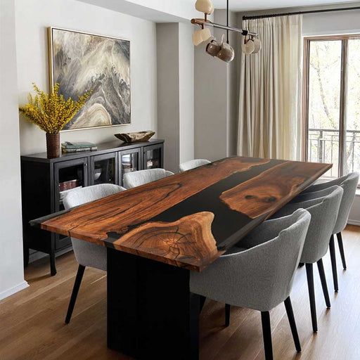 Dining room with a wooden table and gray chairs in a modern interior setting.