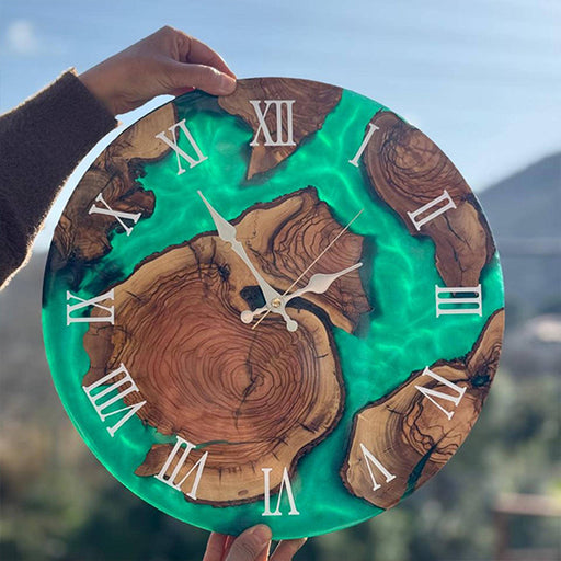Modern epoxy wall clock with natural olive wood slices