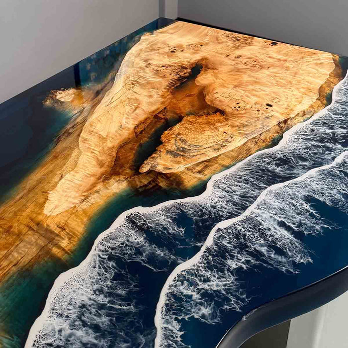 Tabletop with natural wood design and ocean wave pattern