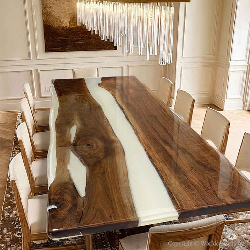 A walnut river epoxy dinning table placed in a warm farmhouse style dining room setting.