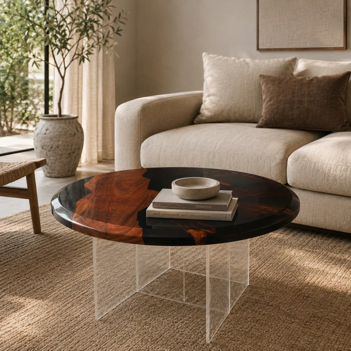 Round black epoxy coffee table with natural walnut wood grain