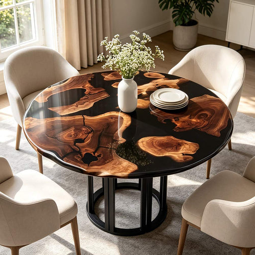 Luxury black walnut epoxy dining table with handcrafted solid wood top and black resin surface