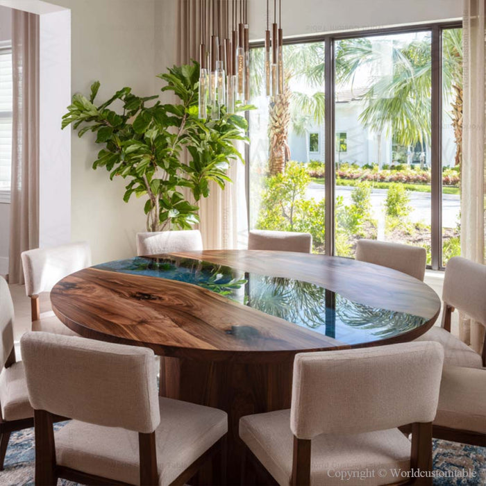 Round dining table with natural wood and blue epoxy resin in dining room
