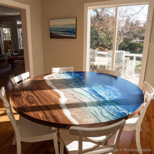 Round epoxy coffee table made from rich walnut wood