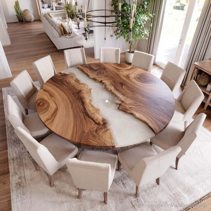 Round epoxy dining table styled in kitchen and dining area