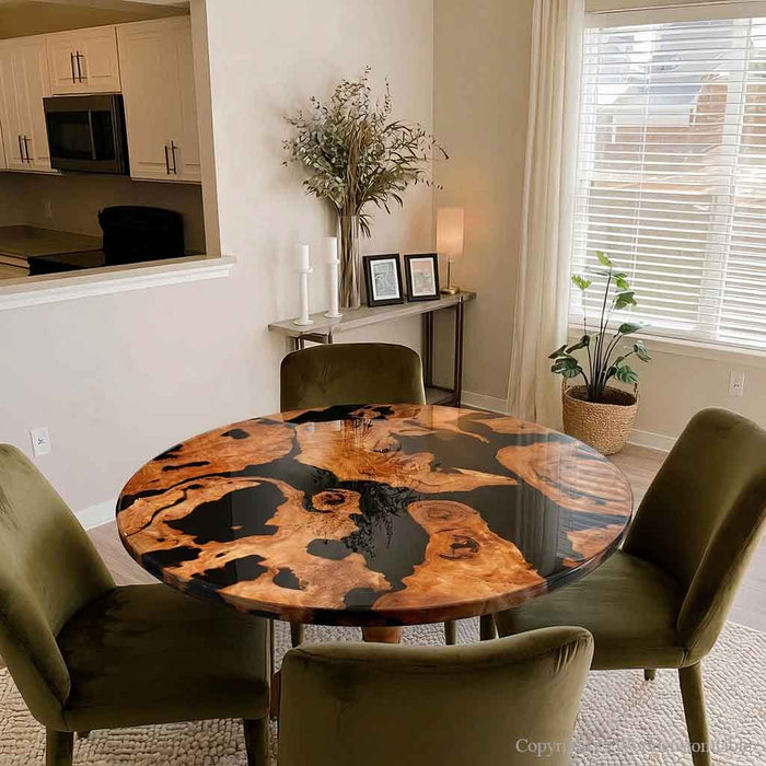 Round epoxy dining table creating an elegant centerpiece in a luxury dining room