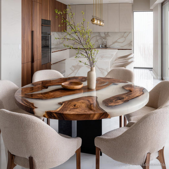 Top view minimalist round epoxy dinning table with white resin surface