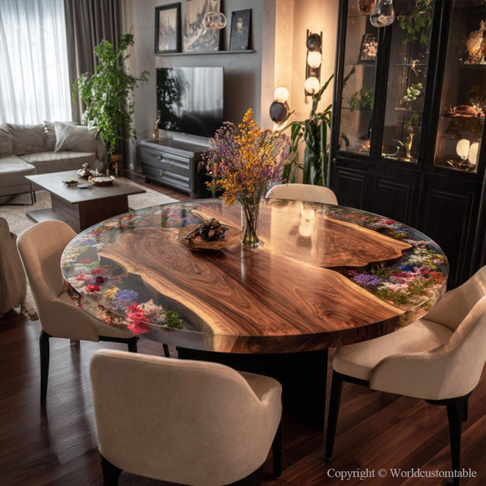 Elegant round epoxy dining table styled interior with warm natural ambiance
