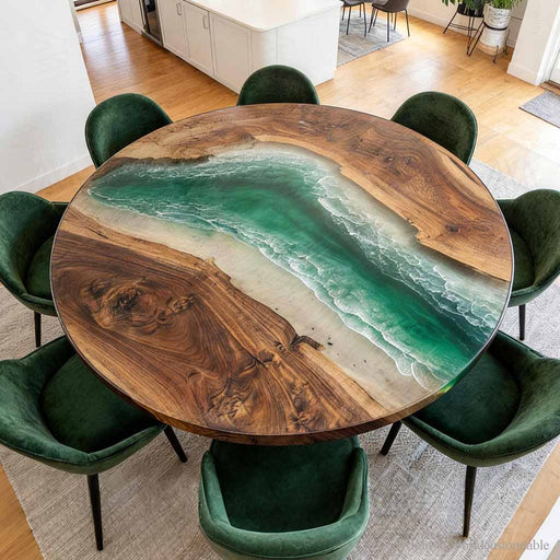 Luxury round dining table featuring emerald resin and natural walnut wood for coastal homes