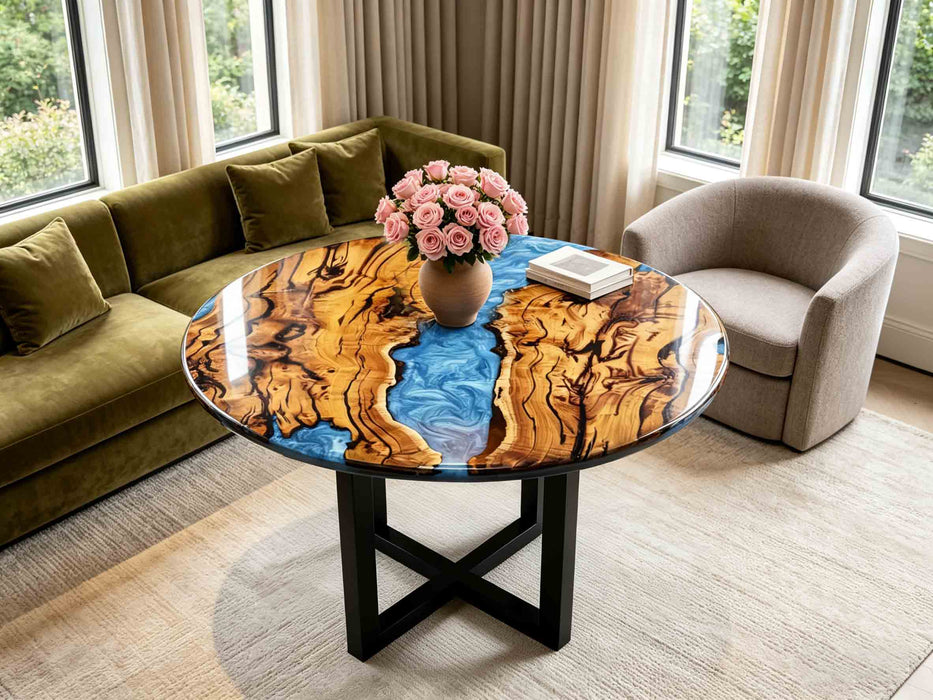 Ocean-inspired blue epoxy resin river coffee table made of olive wood with glossy finish