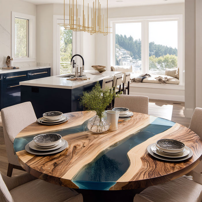Modern round resin river table in walnut wood, perfect for elegant dining interiors.