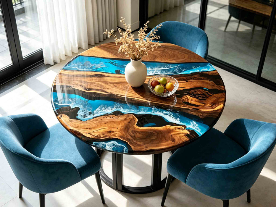 Black walnut coffee table with ocean blue epoxy resin river design and black metal base