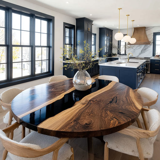 Modern kitchen with a wooden dining table and chairs