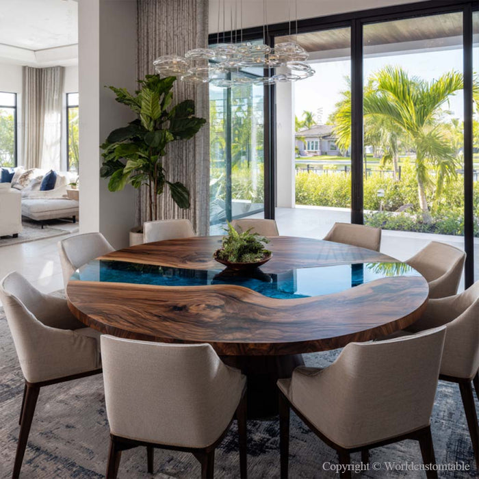 Round walnut wood and blue resin dining table with modern design