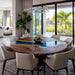 Round walnut wood and blue resin dining table with modern design