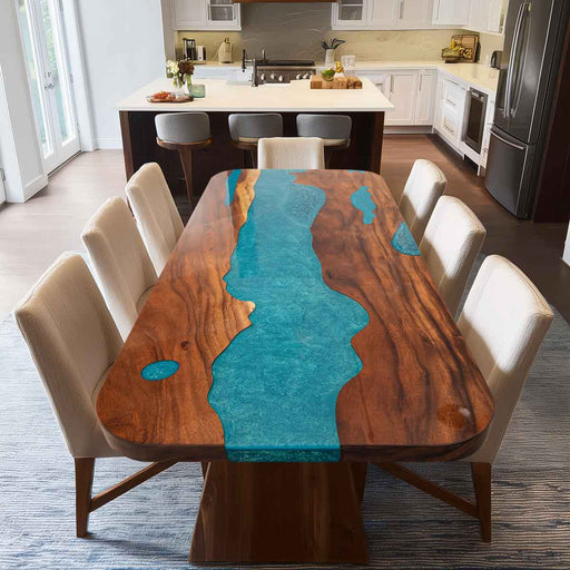 Rounded Corner Blue Epoxy Dining Table