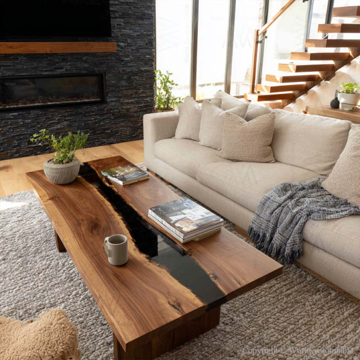 Rustic luxury black walnut epoxy coffee table enhancing sofa seating area