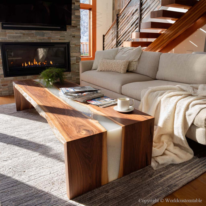 Rustic luxury black walnut epoxy coffee table with white resin near sofa