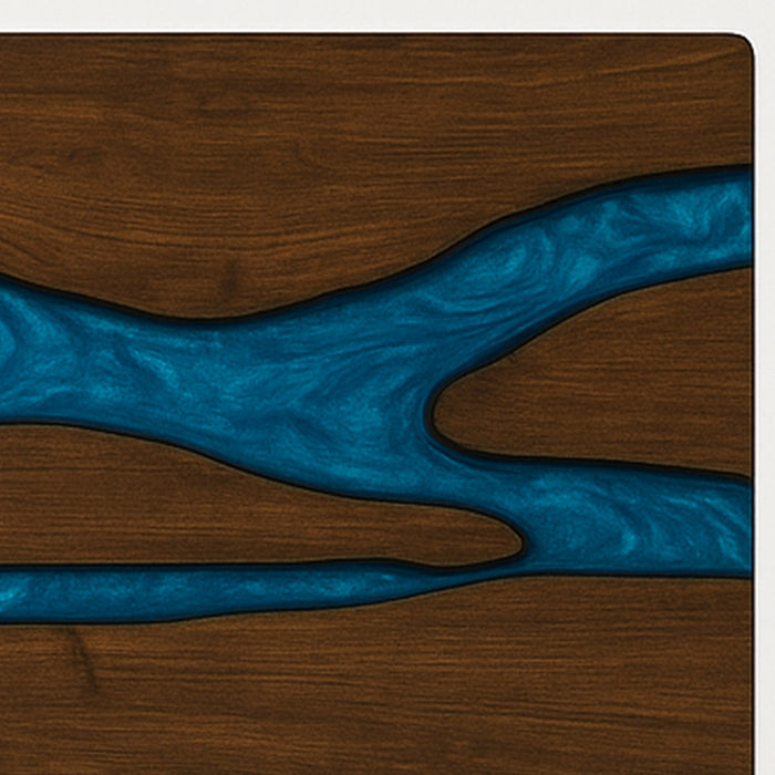 Wooden surface with a blue river-like design