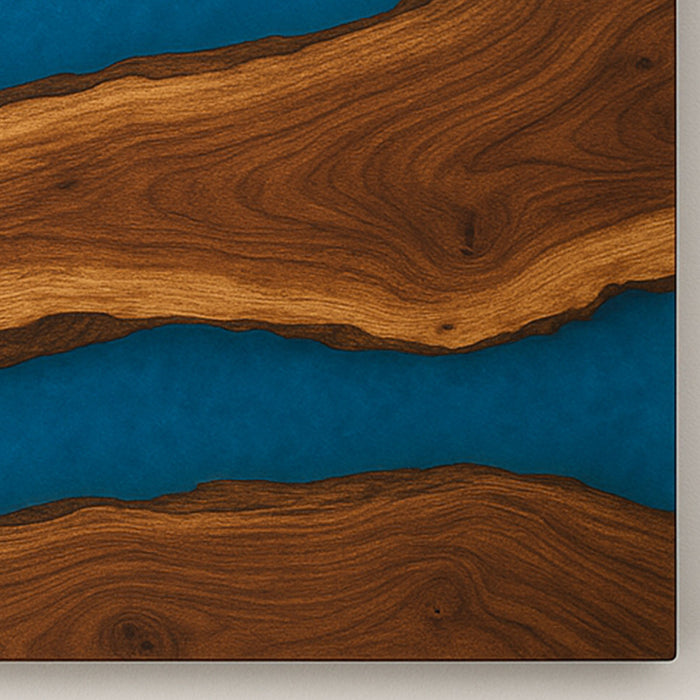 Wooden surface with blue resin inlay