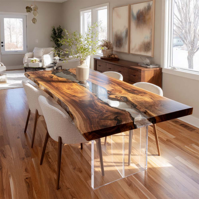 wooden clear epoxy resin table for dinning & living spaces in florida