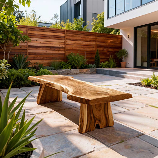 Rustic walnut live edge bench 62.99 inches long in garden