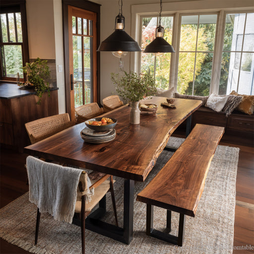 Dining room with a wooden table and chairs in a well-lit room.