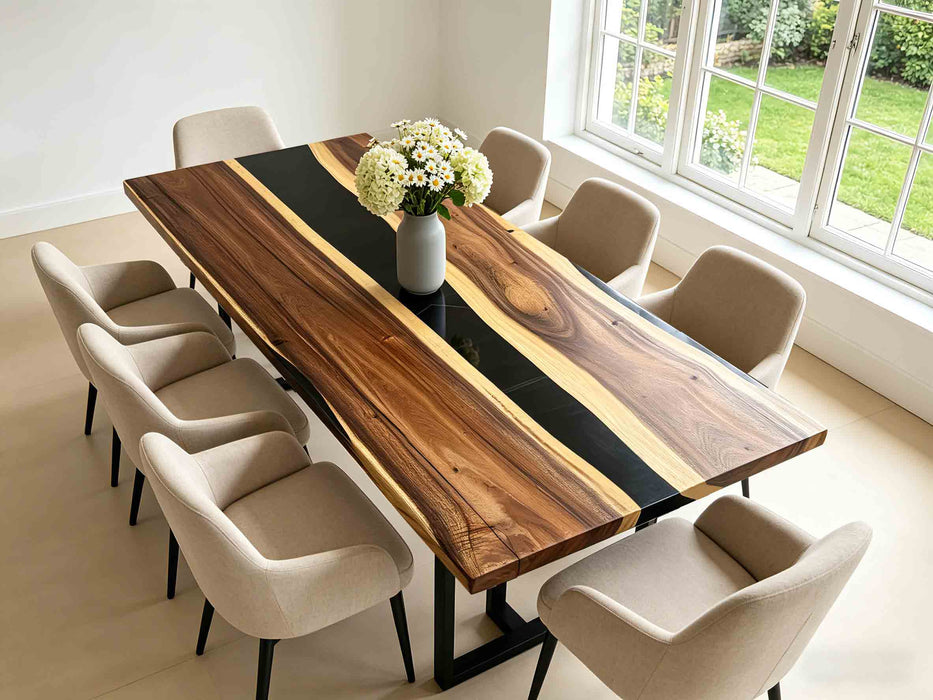 Custom walnut resin dining table placed in a stylish San Francisco dining space.