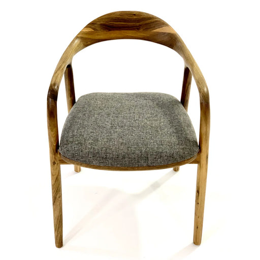 Chair with wooden frame and gray cushion on a white background